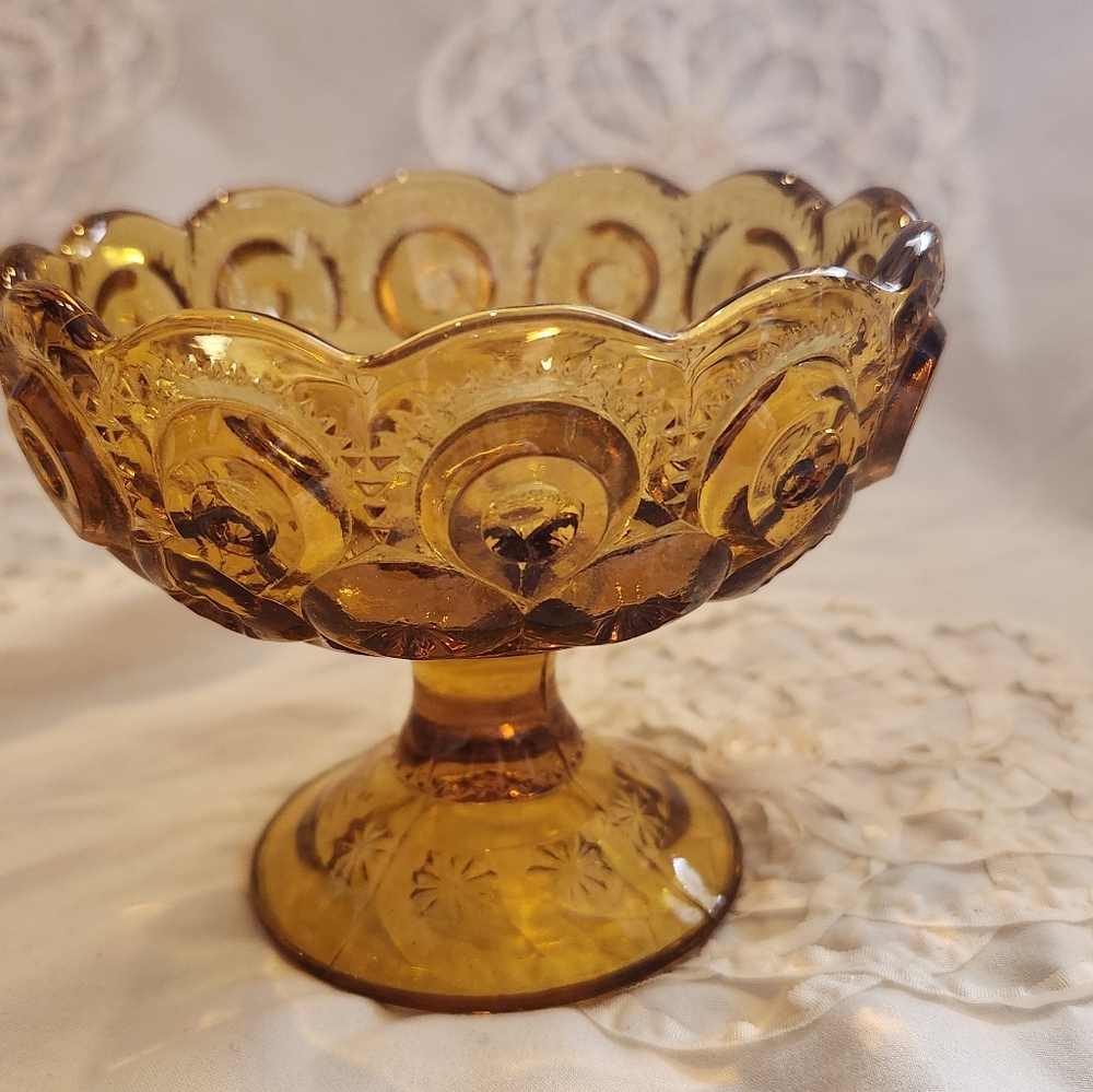 L E Smith Amber Moon and Star Pedestal Candy Dish